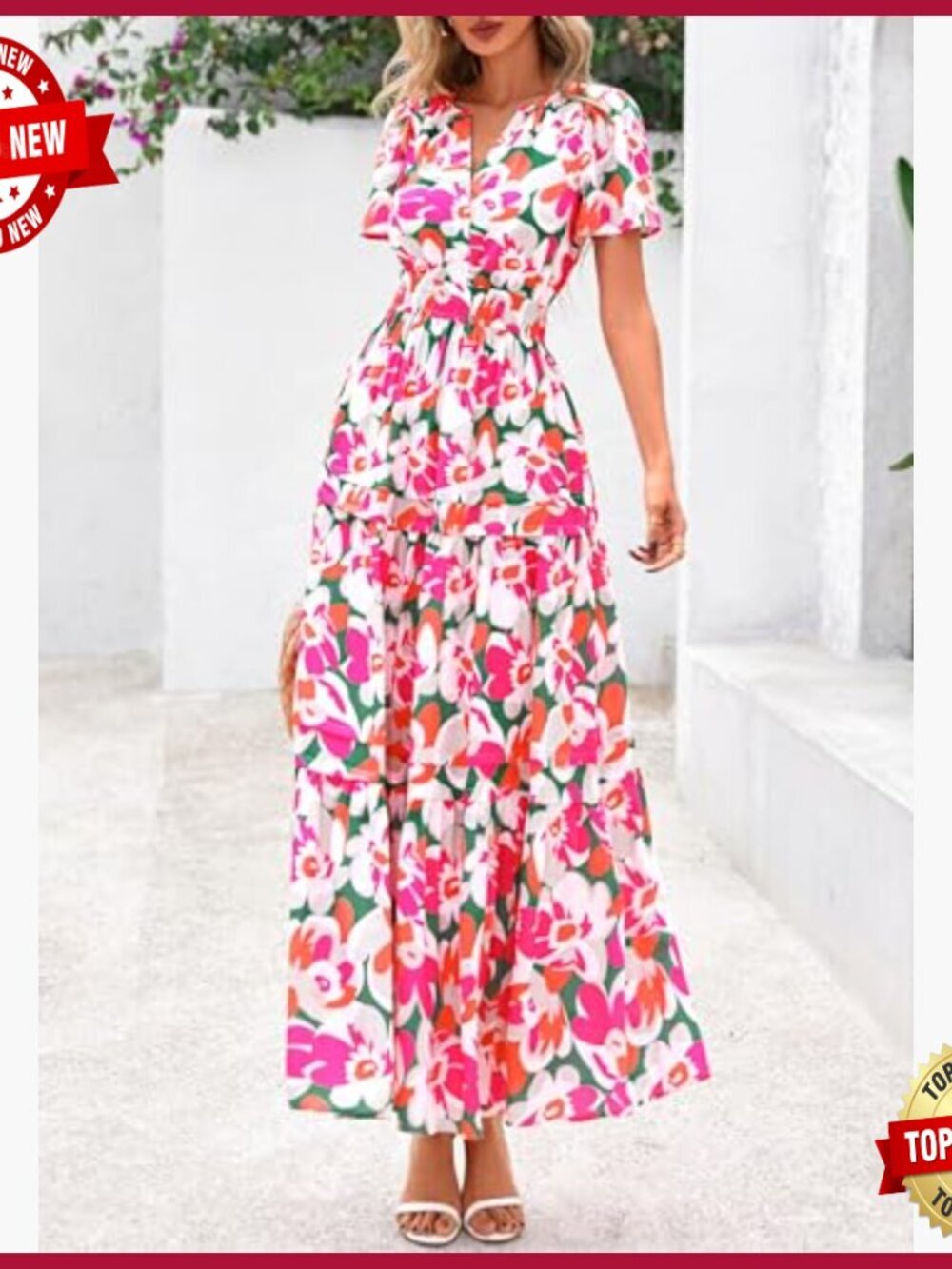 Boho Maxi Dress with Pockets, V-Neck, Tiered Hem, Summer Casual Beach Vacation - Picture 3 of 7